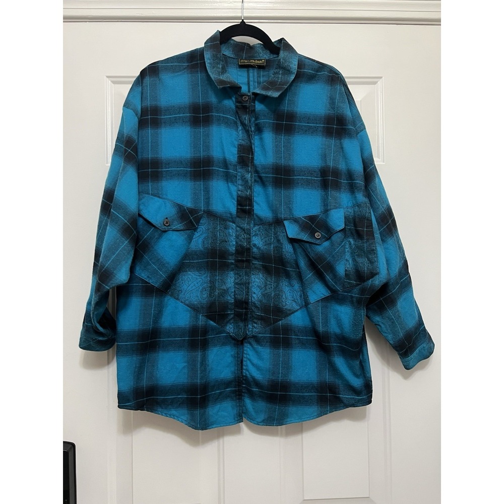 VTG‎ SERGIO VALENTE Long Sleeve Shirt Mens XL Blue Plaid Paisley 1980s